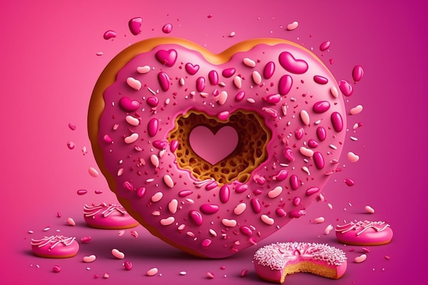 Un beignet en forme de coeur rose avec du glaçage rose et un trou en forme de coeur