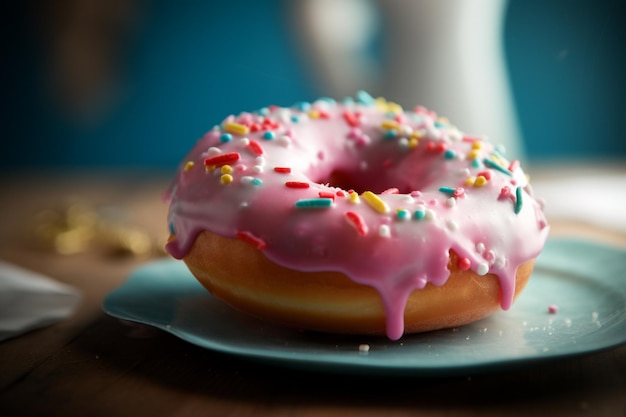 Un beignet givré rose avec des pépites dessus