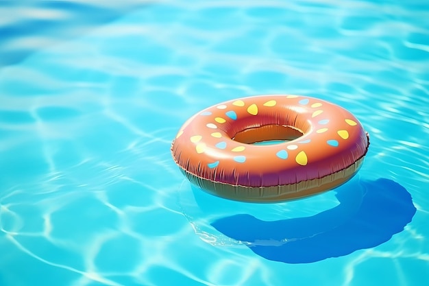 Un beignet gonflable flottant dans une piscine à l'eau bleue.