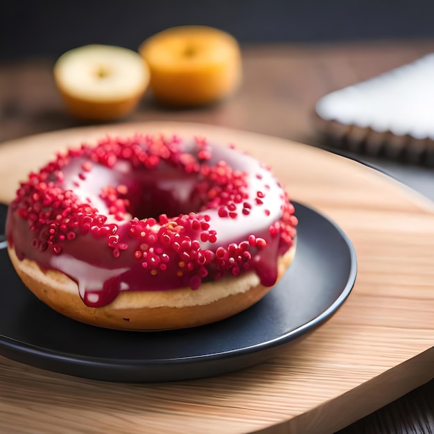 Photo un beignet avec des pépites rouges sur une assiette avec un couteau à côté.