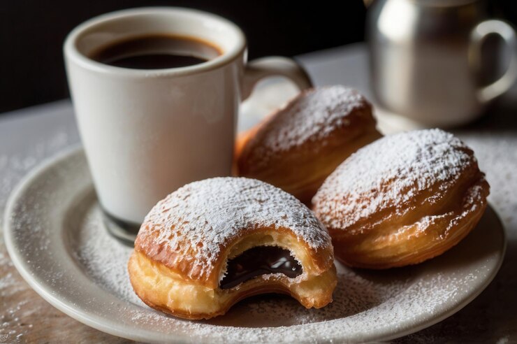 Photo un beignet rempli de chocolat avec du sucre glacé