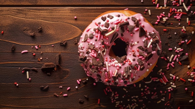 Un beignet rose avec des pépites sur une table en bois.