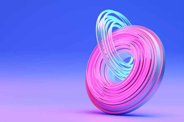 Beignet torus néon futuriste bleu et rose sur fond blanc isolé rendu 3D