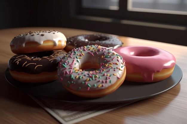 Des beignets 3D avec du glaçage et des éclaboussures sur une table sur un fond sombre générés par l'IA