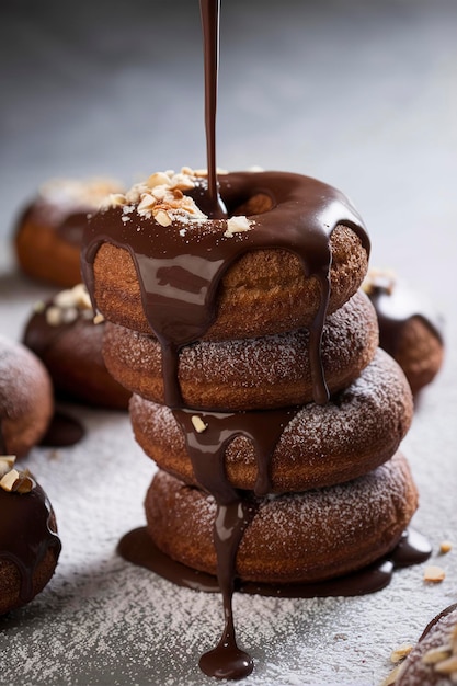 Des beignets au chocolat empilés avec du glaçage au chocolat.