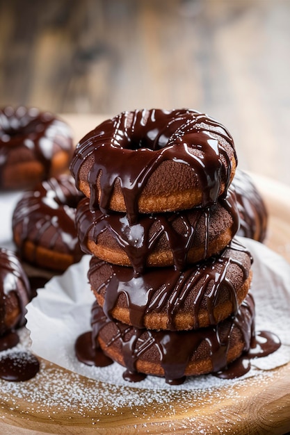 Des beignets au chocolat empilés avec du glaçage au chocolat.