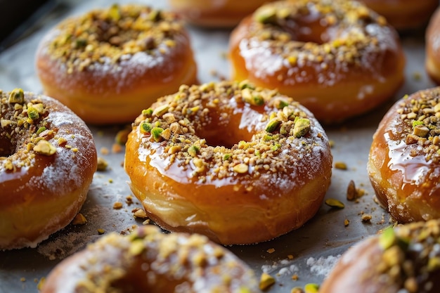 Beignets de baklava glacés fraîchement sortis du four, saupoudrés de pistaches concassées sur une planche de service en bois, une délicieuse gâterie sucrée