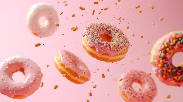 Des beignets colorés et des biscuits sucrés soufflant dans l'air sur un fond rose.