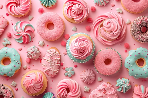 Des beignets colorés et des biscuits sucrés soufflant dans l'air sur un fond rose.