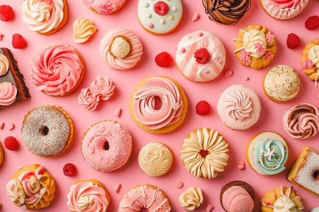 Des beignets colorés et des biscuits sucrés soufflant dans l'air sur un fond rose.