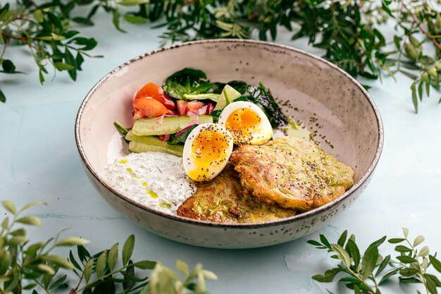 Beignets de courgettes, sauces aux œufs et légumes