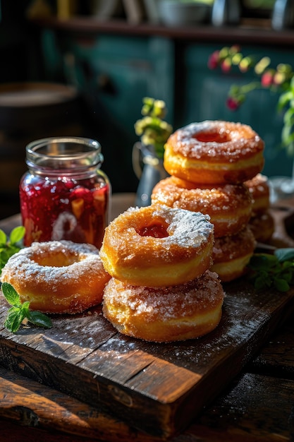 Des beignets délicieux saupoudrés de sucre en poudre sur une planche de bois avec un pot de desserts à la confiture