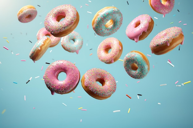 Des beignets doux colorés volants avec des saupoudres sur fond bleu