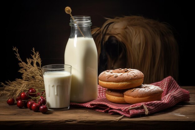 Des beignets avec du lait sur une table en bois.