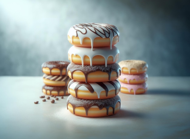 beignets empilés avec du glaçage au chocolat rose et blanc et un revêtement vitré sur fond de tournage en studio