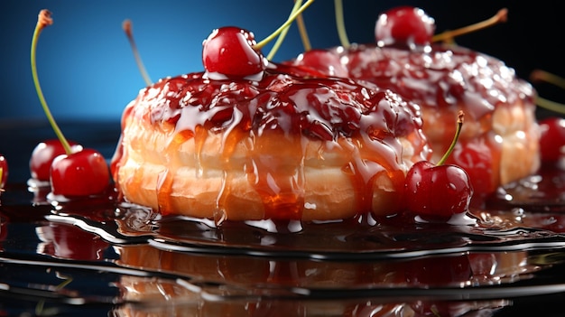 Photo beignets frais avec confiture de cerises sur fond bleu clair