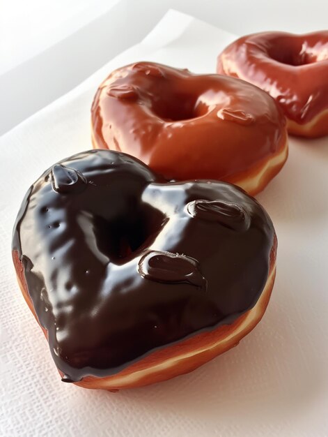 Des beignets glacés avec du chocolat sur une nappe blanche.