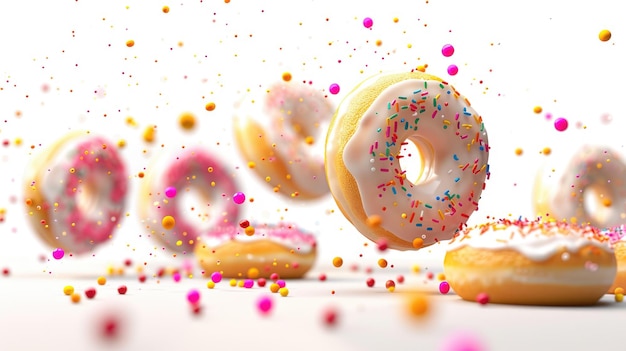 Des beignets en mouvement colorés avec du glaçage aux fruits et des éclaboussures Design publicitaire de boulangerie
