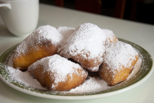 Beignets recouverts de sucre en poudre sur une assiette à côté d'une tasse de café IA générative