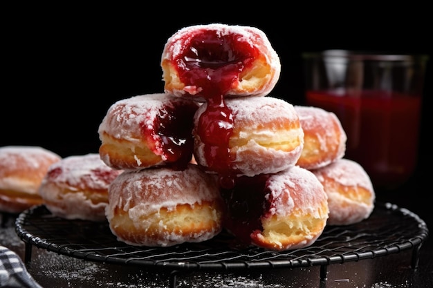 Photo beignets remplis de gelée empilés sur une grille de refroidissement utilisant des ombres douces