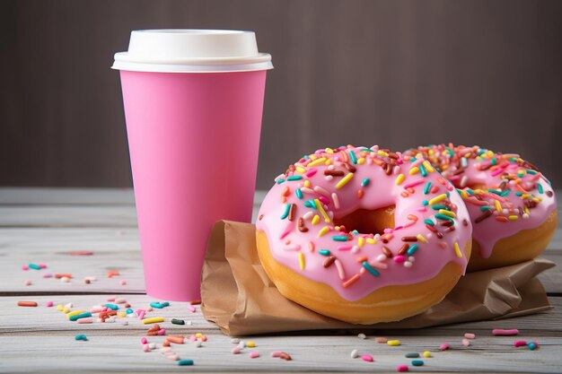 Des beignets sucrés avec des saupoudres et une tasse de boisson en papier sur fond de bois