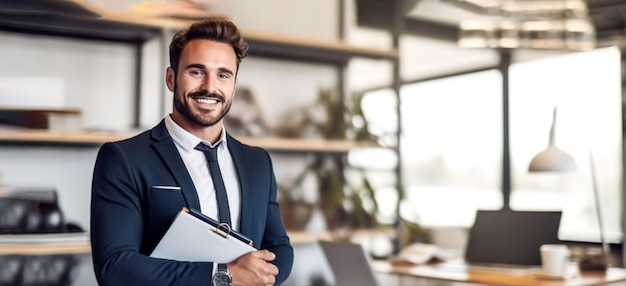 Bel agent immobilier avec portefeuille au bureau