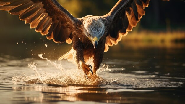 Photo bel aigle attrapant un poisson éclairage cinématographique