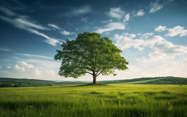 Bel arbre au milieu d'un champ couvert d'herbe avec la ligne d'arbres en arrière-plan