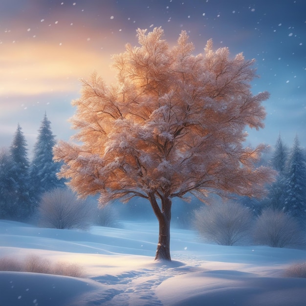 bel arbre dans le paysage d'hiver en fin de soirée dans l'illustration de l'art numérique des chutes de neige