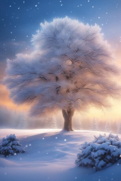 bel arbre dans le paysage d'hiver en fin de soirée dans l'illustration de l'art numérique des chutes de neige