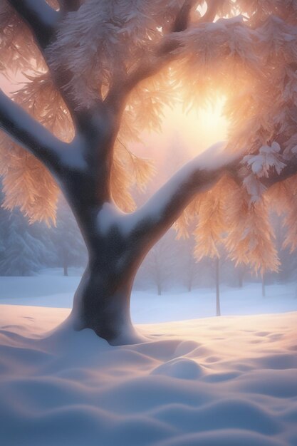 bel arbre dans le paysage d'hiver en fin de soirée dans l'illustration de l'art numérique des chutes de neige