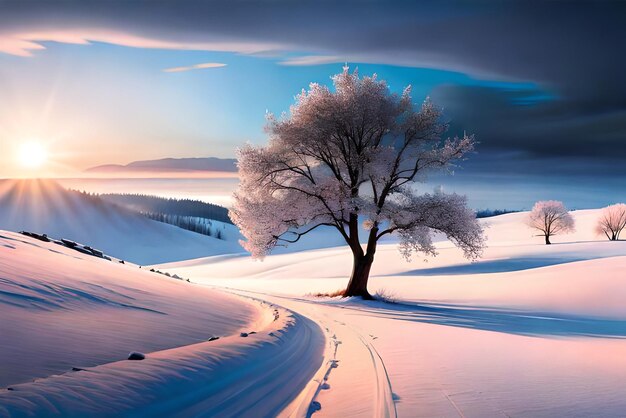 bel arbre dans le paysage d'hiver en fin de soirée dans la peinture d'illustration d'art numérique de chutes de neige