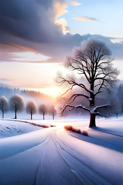 Photo bel arbre dans le paysage d'hiver en fin de soirée dans la peinture d'illustration d'art numérique de chutes de neige