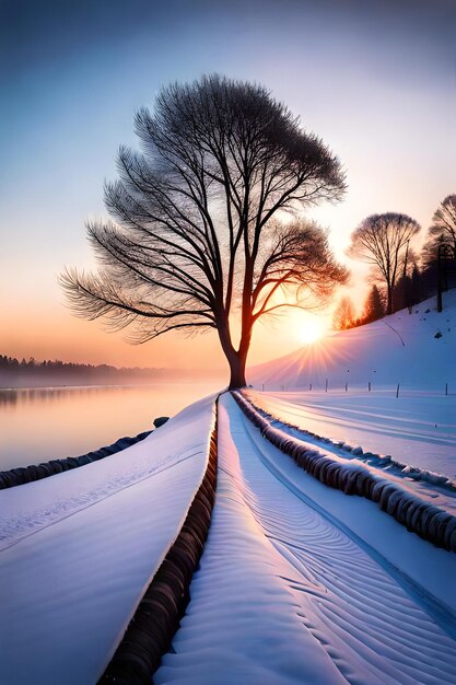 bel arbre dans le paysage d'hiver en fin de soirée dans la peinture d'illustration d'art numérique de chutes de neige