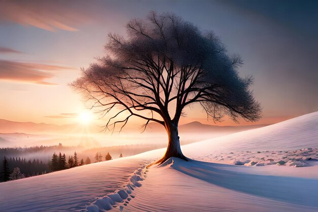 bel arbre dans le paysage d'hiver en fin de soirée dans la peinture d'illustration d'art numérique de chutes de neige