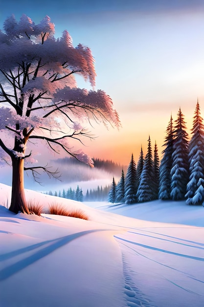 bel arbre dans le paysage d'hiver en fin de soirée dans la peinture d'illustration d'art numérique de chutes de neige