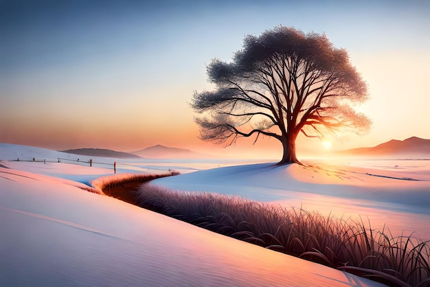 bel arbre dans le paysage d'hiver en fin de soirée dans la peinture d'illustration d'art numérique de chutes de neige