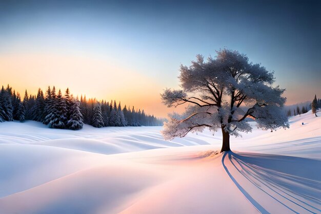 bel arbre dans le paysage d'hiver en fin de soirée dans la peinture d'illustration d'art numérique de chutes de neige