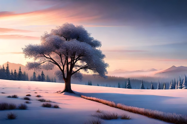 bel arbre dans le paysage d'hiver en fin de soirée dans la peinture d'illustration d'art numérique de chutes de neige