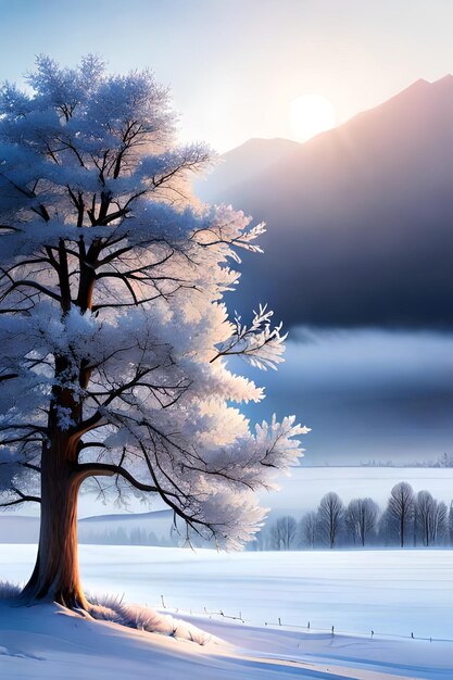 bel arbre dans le paysage d'hiver en fin de soirée dans la peinture d'illustration d'art numérique de chutes de neige