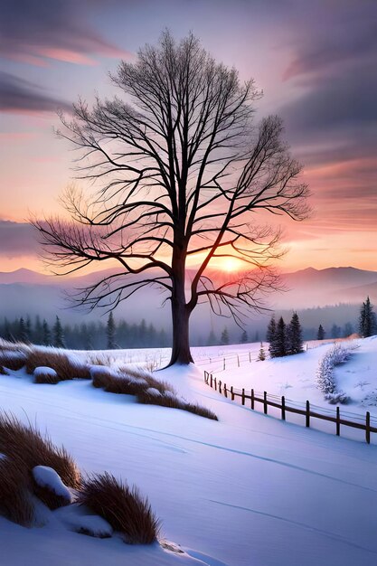 Photo bel arbre dans le paysage d'hiver en fin de soirée dans la peinture d'illustration d'art numérique de chutes de neige