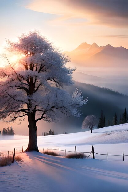 Photo bel arbre dans le paysage d'hiver en fin de soirée dans la peinture d'illustration d'art numérique de chutes de neige