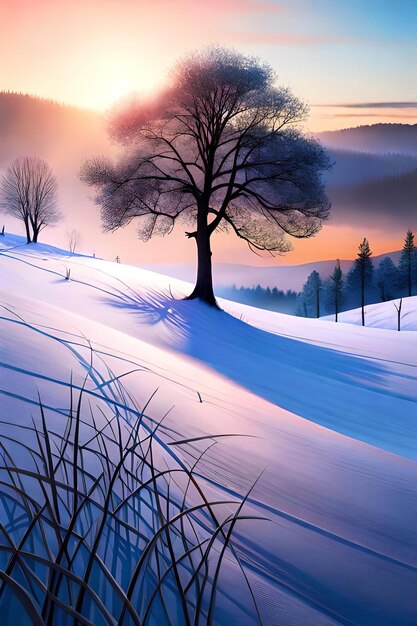 Photo bel arbre dans le paysage d'hiver en fin de soirée dans la peinture d'illustration d'art numérique de chutes de neige