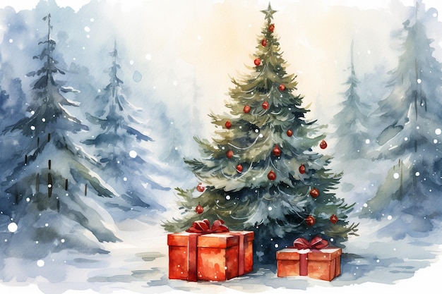 Bel arbre de Noël avec des boîtes de cadeaux dans un paysage avec de la neige Illustration à l'aquarelle