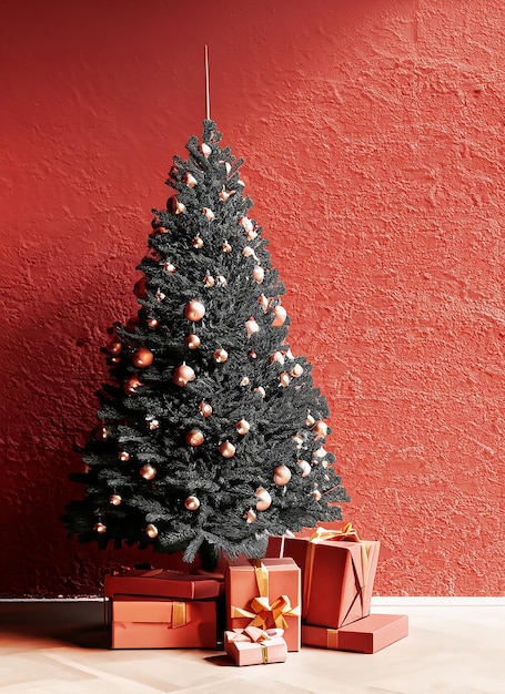 Bel arbre de Noël avec des cadeaux et un mur texturé rouge poussiéreux Salon vide monochrome