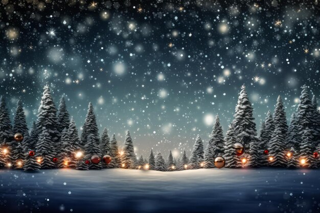Bel arbre de Noël avec des coffrets cadeaux dans un espace d'illustration de paysage d'hiver pour le texte