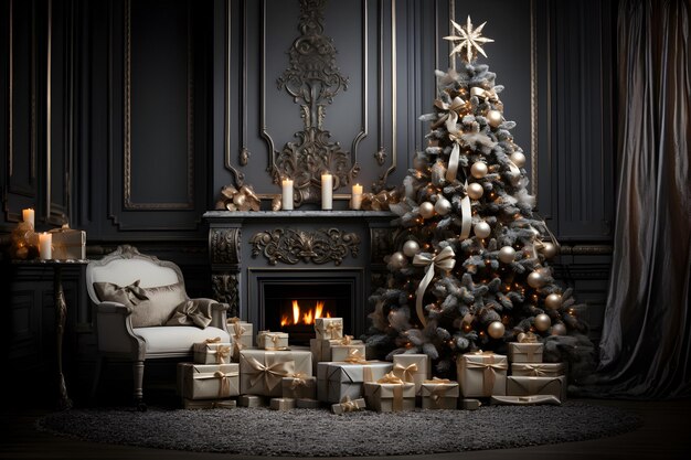 Bel arbre de Noël avec décoration dans l'intérieur d'une pièce confortable avec des bougies de cheminée et des boîtes-cadeaux