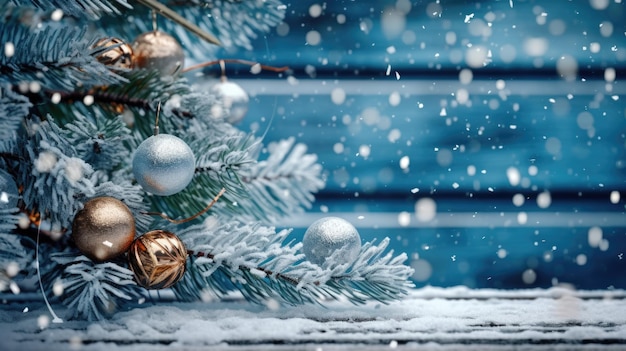 Bel arbre de Noël décoré dans un fond d'hiver froid et enneigé