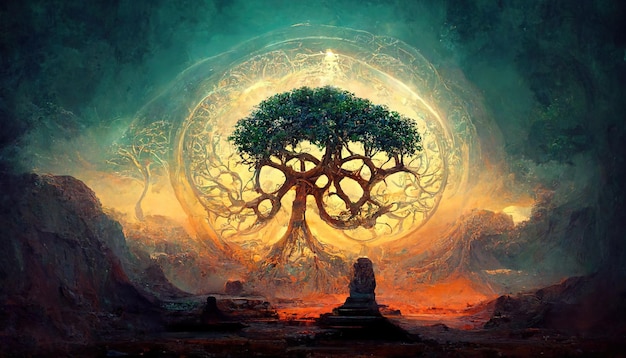 Bel arbre de vie symbole sacré individualité prospérité et concept de croissance art numérique
