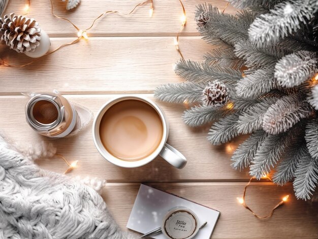 Bel arrangement festif d'épicéa frais dans une tasse de café Ambiance de Noël Ta en bois AI générative